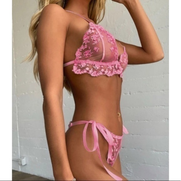 Sheer Lingerie Lace Pink Floral Embroidery Bra and Lace Tie Panty NEW - Picture 3 of 7